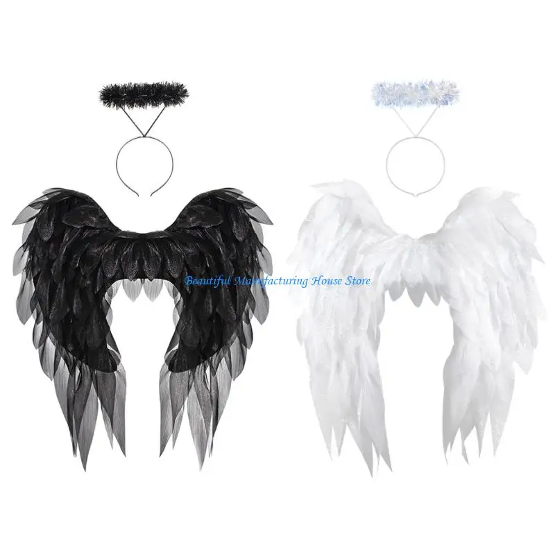 E56A Angel Costume Angel Wing and Halos Headband Halloween Cosplay Party Costume