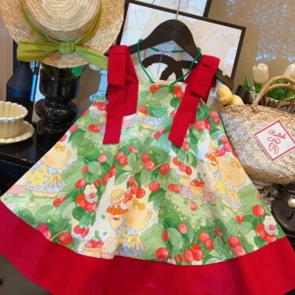2023 sommer Pastoralen Stil Koreanische Version Modische Mädchen Prinzessin Kleid mit Schleife Tier Kirsche Druck kinder Casual Kleidung
