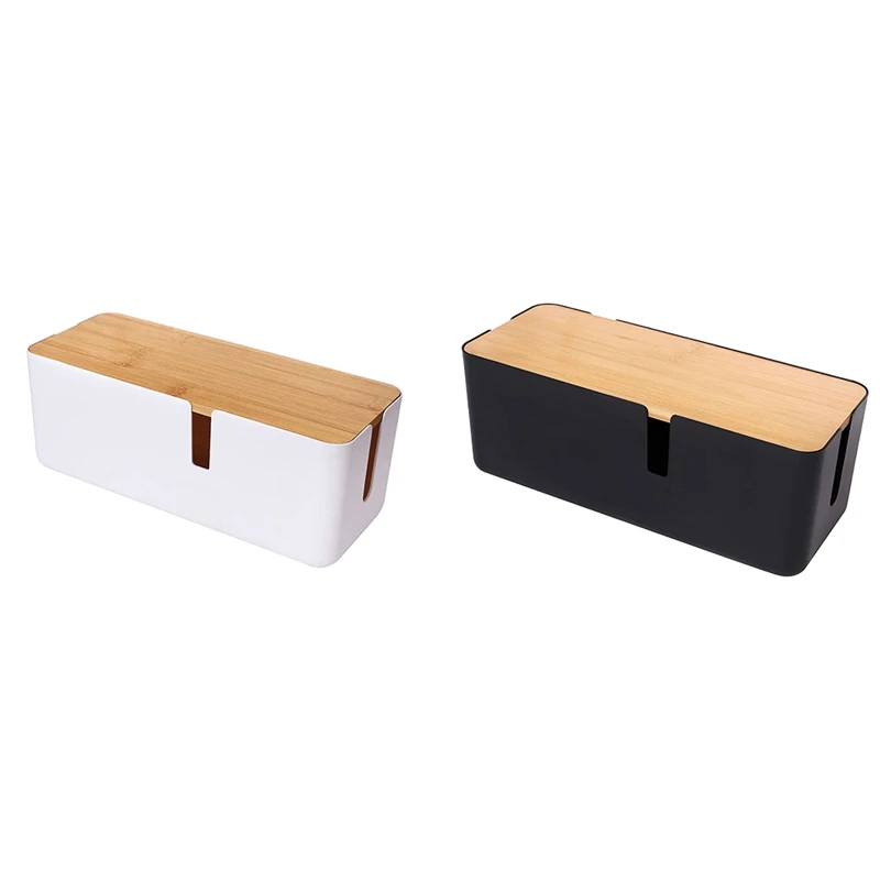 Cable Management Box With Bamboo Lid Small Cable Organizer Box For Extension Cord Power Stripe Surge Protector