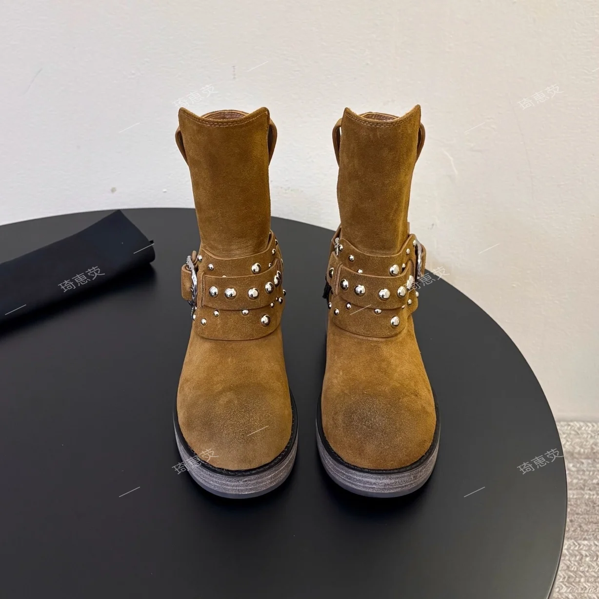 British-Style Biker Boots Studded Ankle Boots Chunky-Toe Punk Riding Boots Mid-Calf Fashion Boot Mid-Calf Boot Zapatos De Mujer