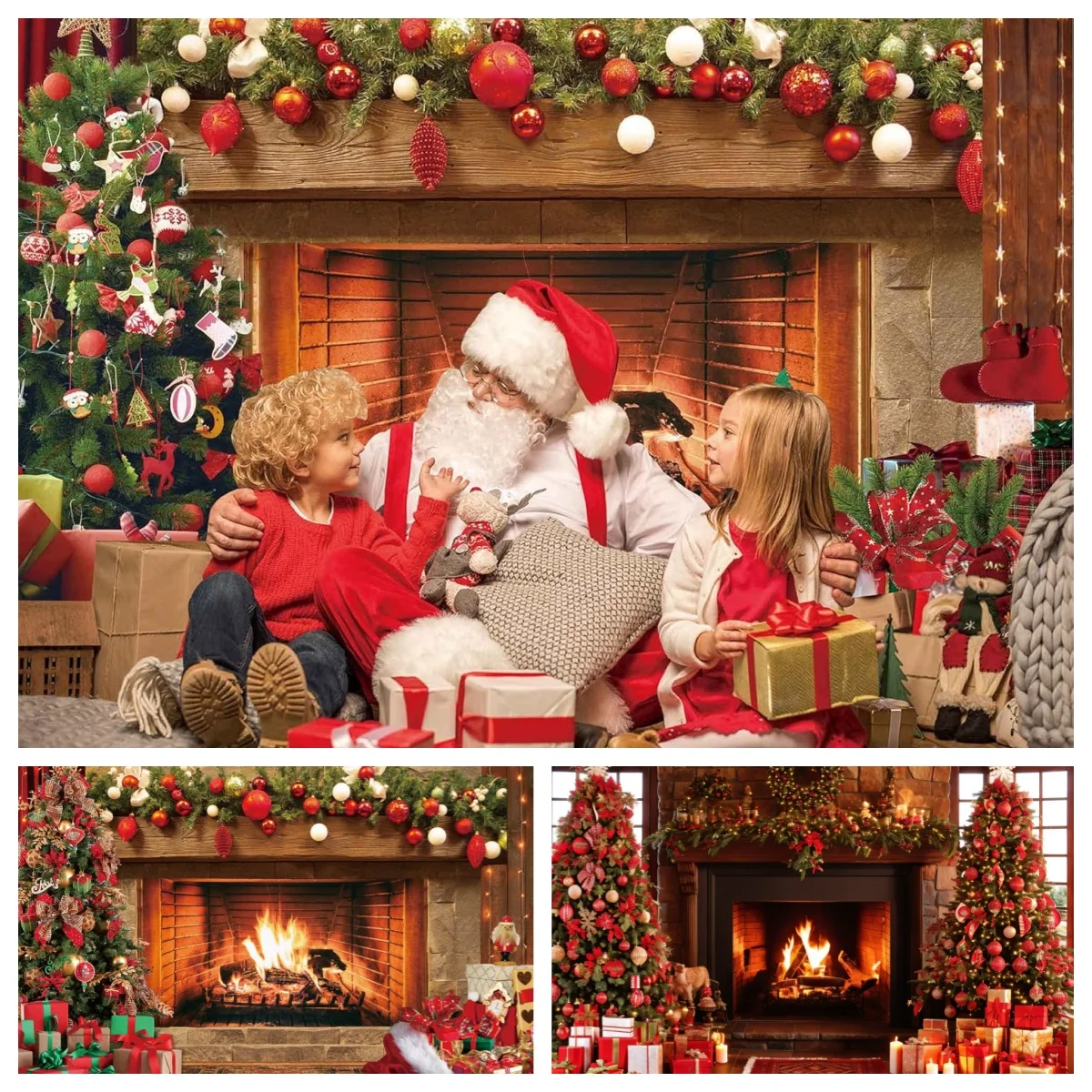 Christmas Fireplace Background Winter Xmas Tree Stocking Gift Party Decor Santa Claus Family Child Portrait Backdrop Photo Props