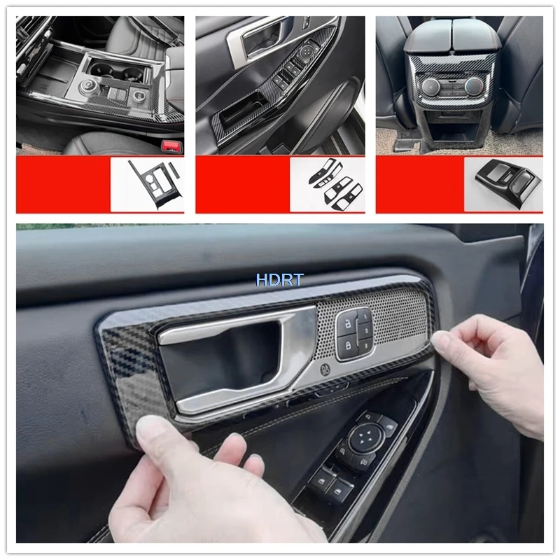 تصفيف السيارة والعتاد التحول نافذة رفع لوحة التبديل منفذ تنفيس الهواء عجلة القيادة ألياف الكربون الداخلية لفورد اكسبلورر 2023 +