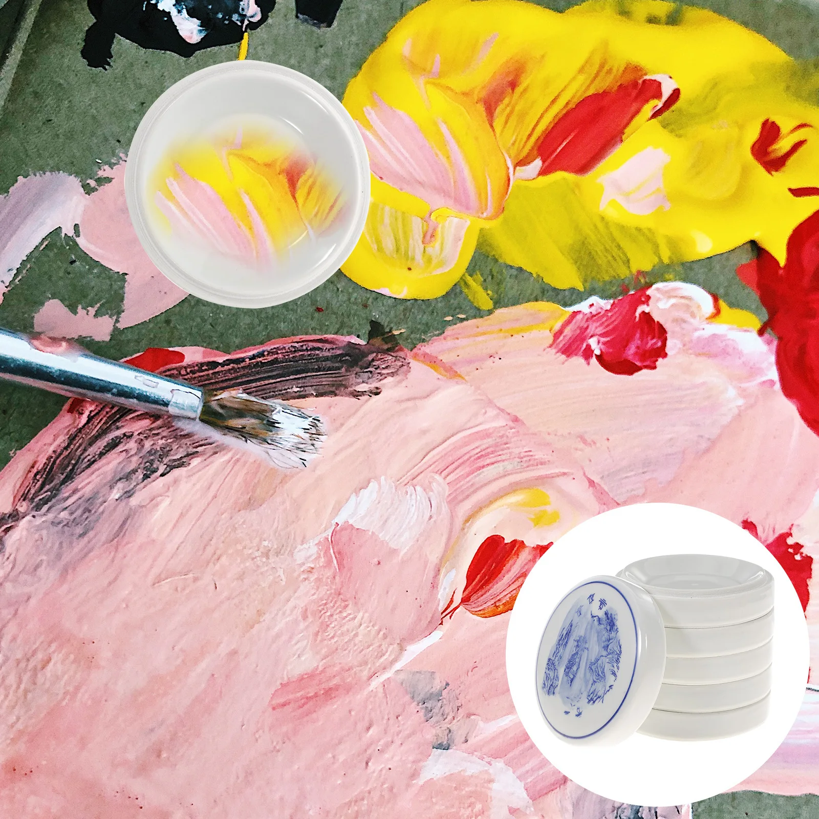 

Porcelain Painting Palette with Lid Trays Stackable Mixing Ceramic Plate Ink Dish 5 Layers Color Round