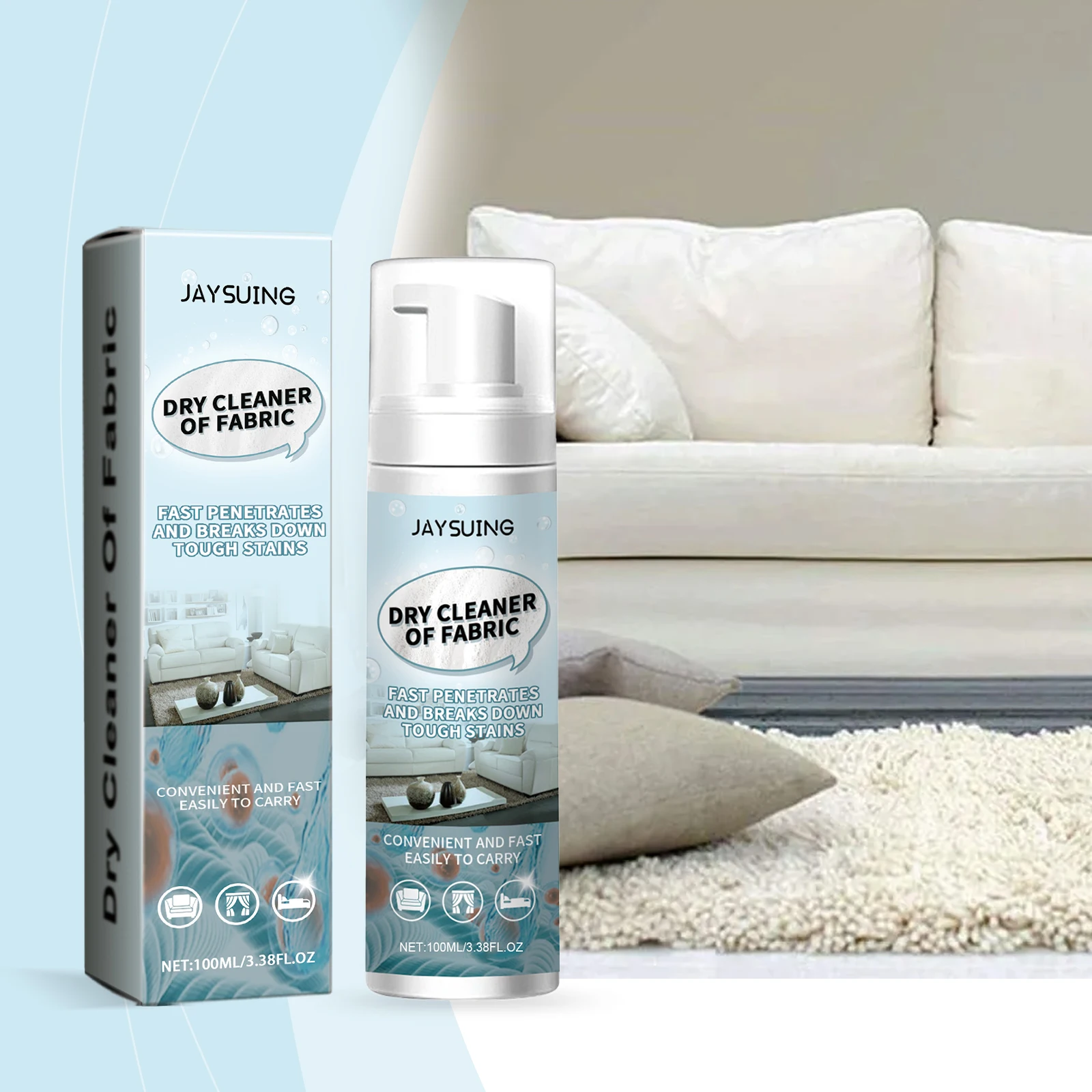 Fabric Foam Stain Remover, No Rinse Dry Cleaner for Clothes, Sofa, Carpet, Curtain, Upholstery, Fabric Upholstery Stain Cleaner