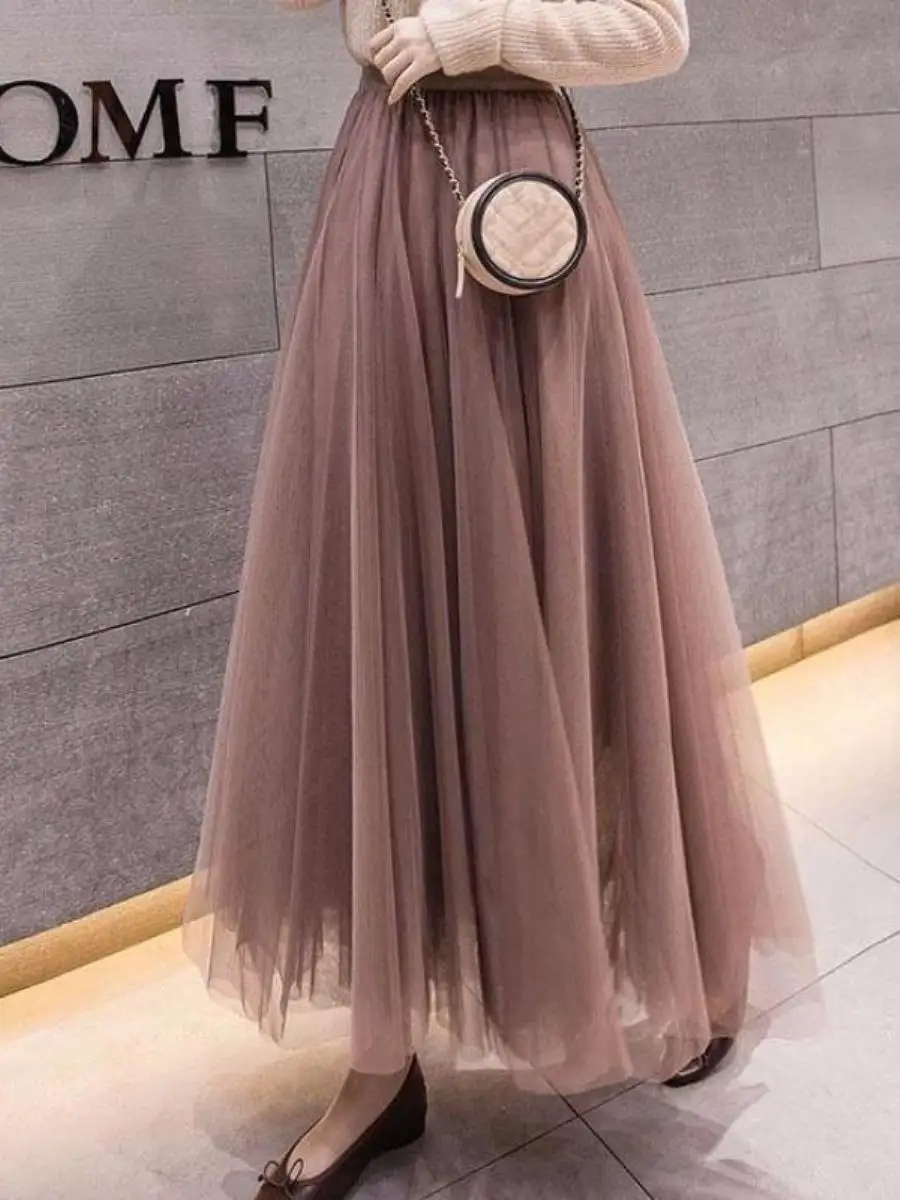 ハイウエストガーゼプリーツ妖精スカート大渦巻き半身ネットロングスカート女性のための秋冬ファッション 2024