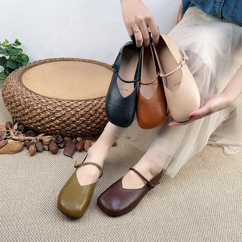 Careaymade-Genuine Leather women\'s handmade new Round Head Top Layer Cowhide Flat Heel Solid Low Top Light Mouth Lazy Shoes