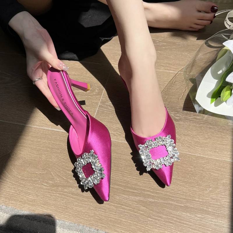 Pointed Toe Slingback Mules Women Fashion Square Rhinestone  Women\'s Sandals Sexy Thin Heels Party Slippers 2023 Summer Sandals