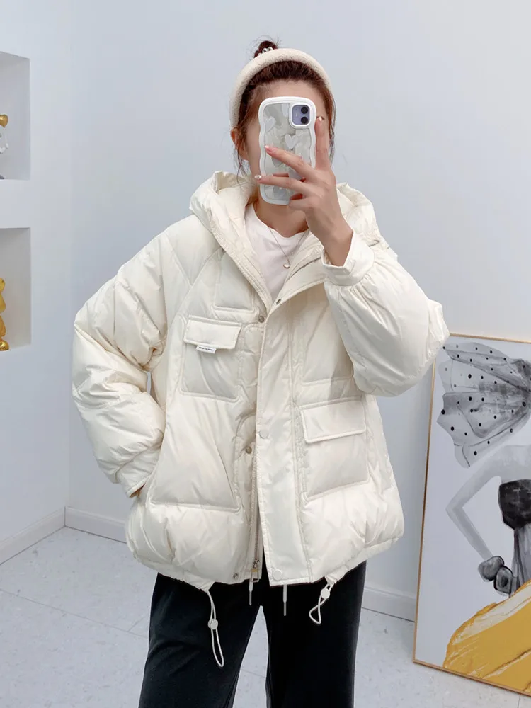 Novo com capuz jaquetas femininas estilo coreano solto sólido pato branco para baixo casaco 2022 inverno moda grosso quente outerwear