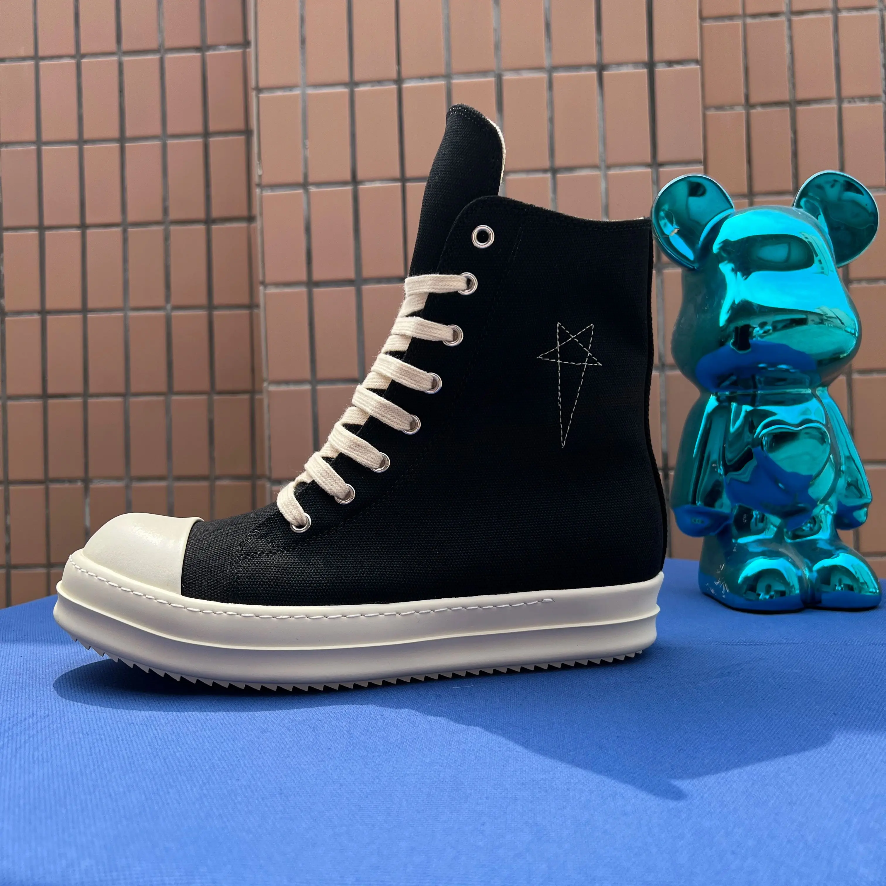 

R-o Ankle Boot Men High Top Shoe Black Canvas Women Sneaker Casual Shoes High Quality Canvas Sneakers Zipper Lace Up Ankle Boots