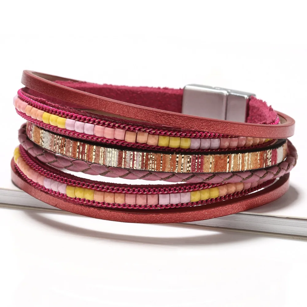 Hot-Selling Handmade Woven Leather String Bohemian Bracelet Alloy Magnetic Snap Women Fashion Multi Layer  Wholesale