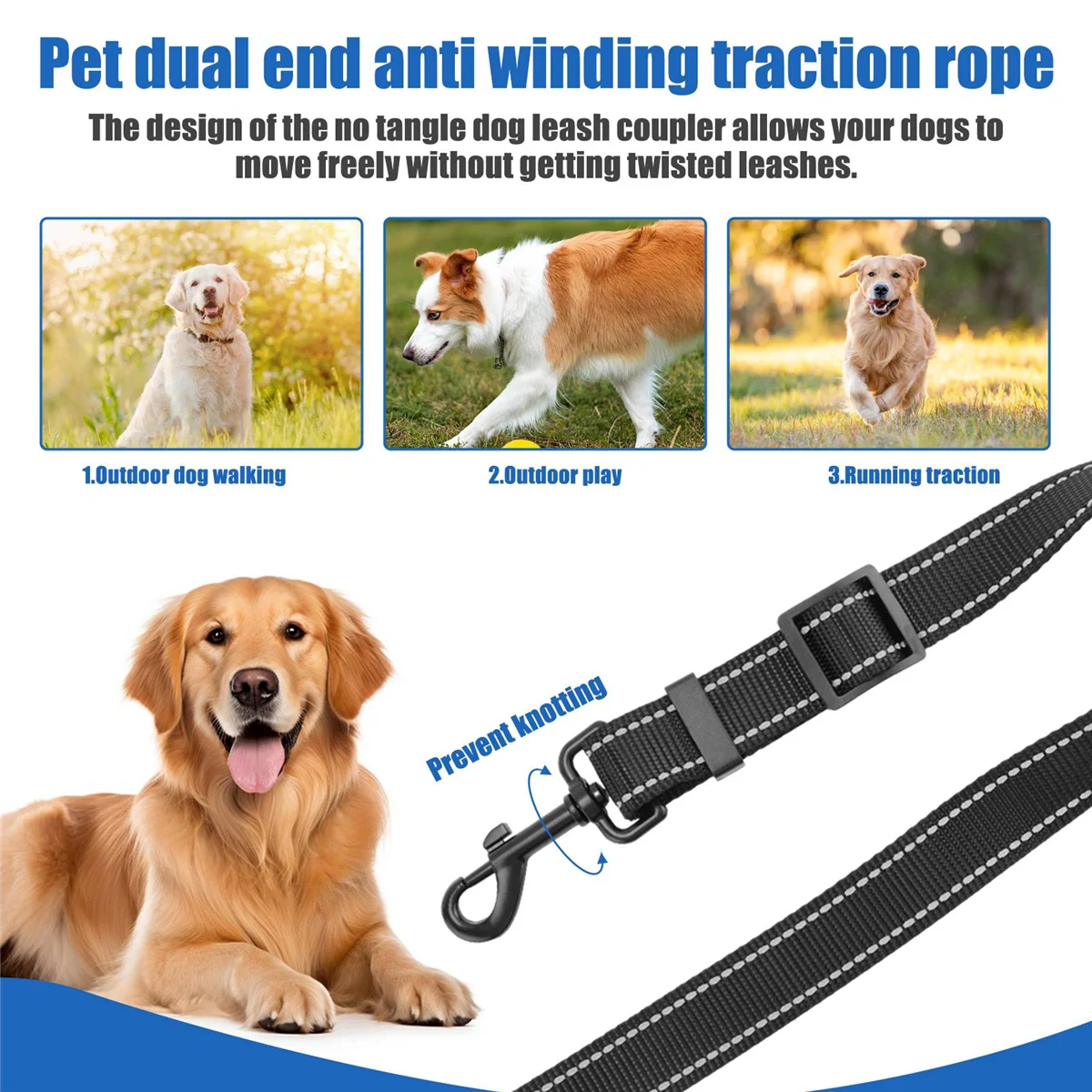 Double Leash Coupler for Large Dogs Adjustable Heavy Duty Nylon Splitter for Two Big Dogs GSY