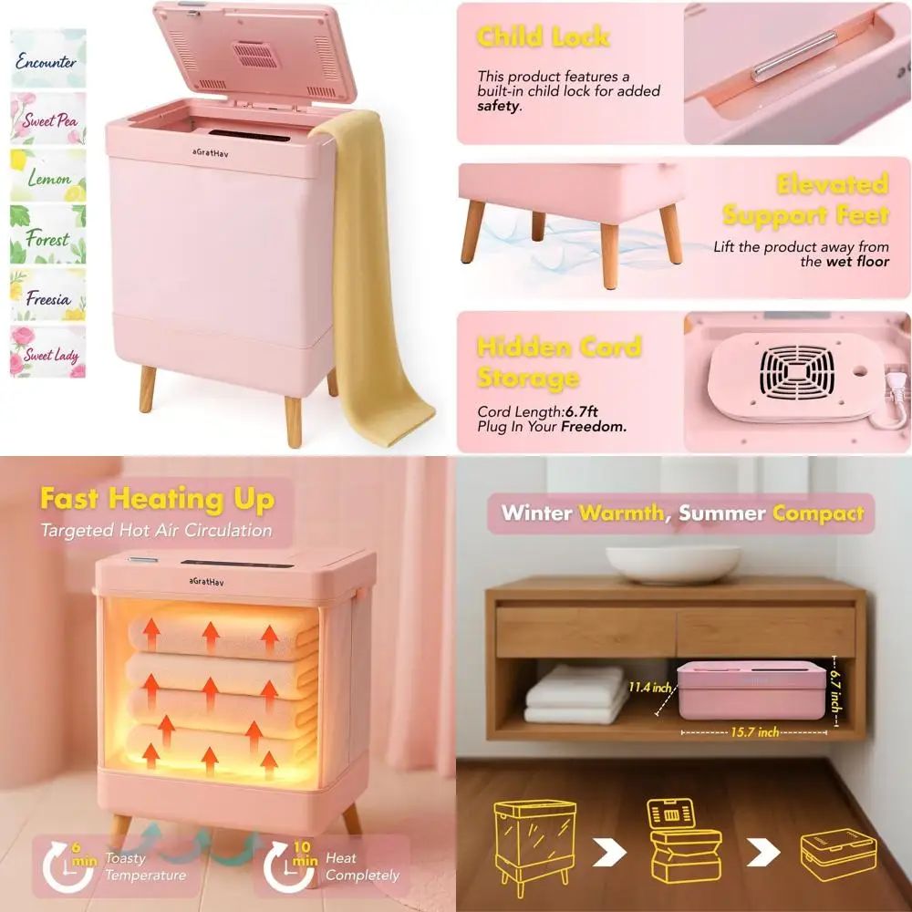 

Большой электрический подогреватель для полотенец на 35 л с таймером, функциями сушки и нагрева, сертификатом ETL, 6 ароматическими дисками, розовый