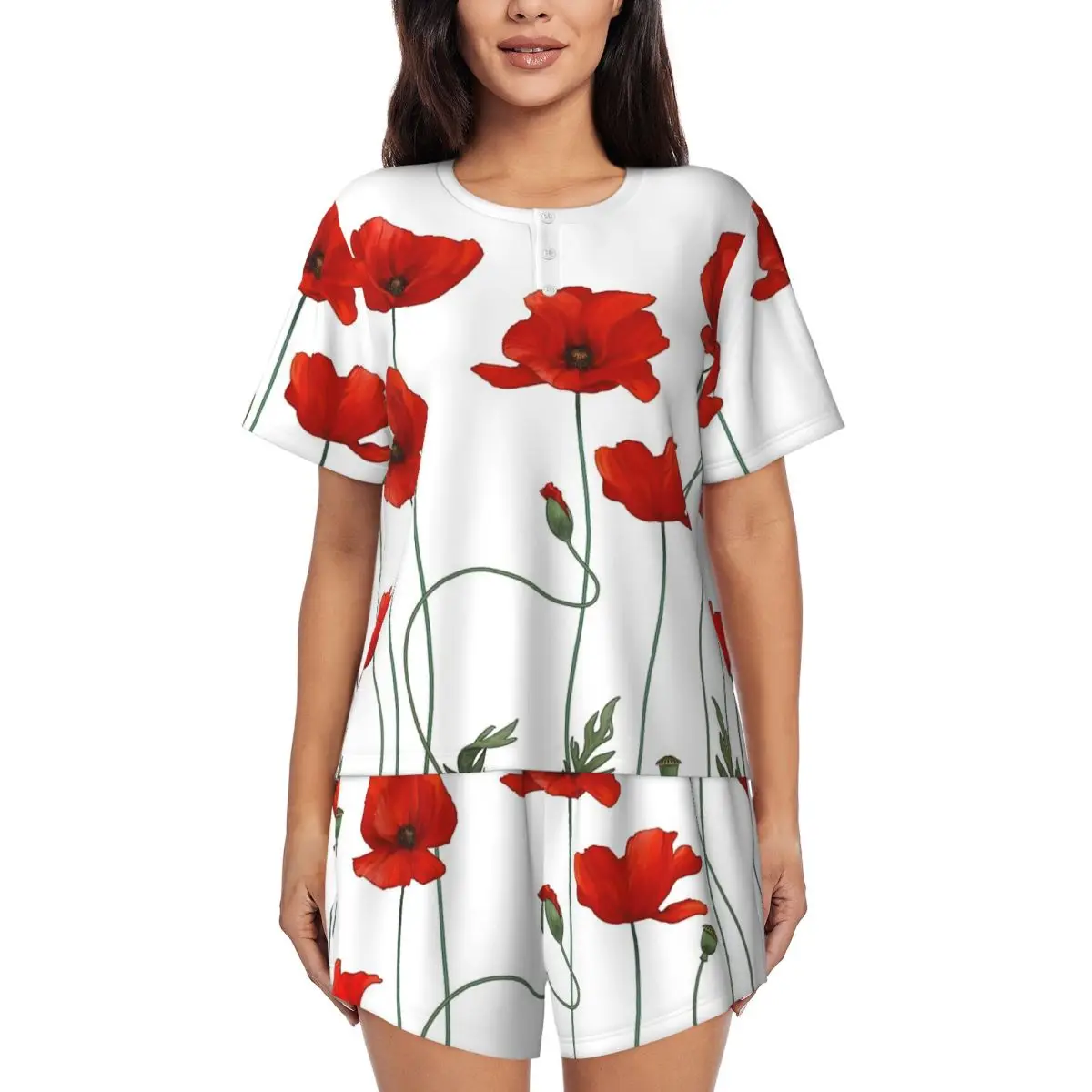 

Poppy Stems Round Neck Short Sleeves Nightdress for Sleeping Sleepshirts Women Soft Pajama Set Short Pants