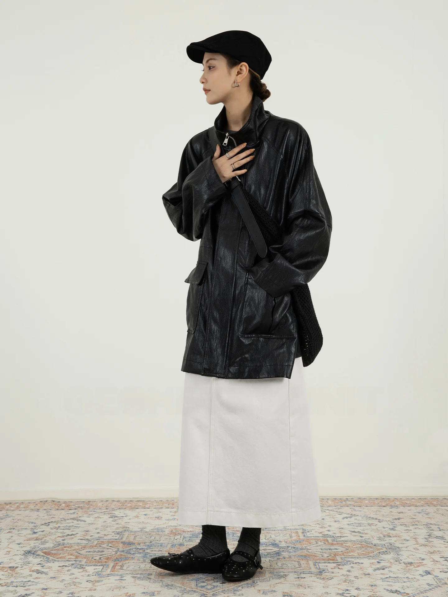 Geometry Unit Women's PU Leather Jaet Mid-Length Waist-Cinching Stand Collar Windproof Bla Coat for Autumn And Winter