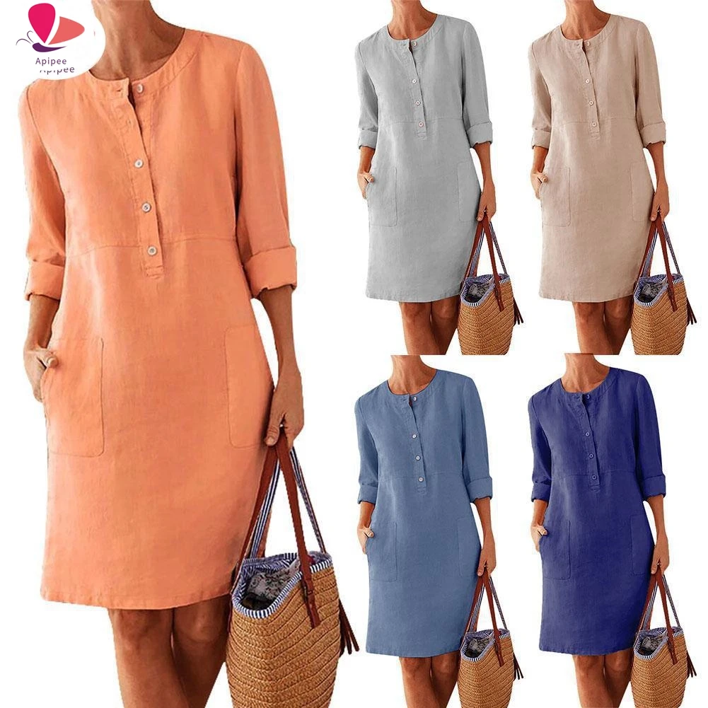 2024  Casual Solid Color Cotton Linen Women Long Sleeve Tunic Kaftan Dress Length Vestidos Autumn Dresses Clothing