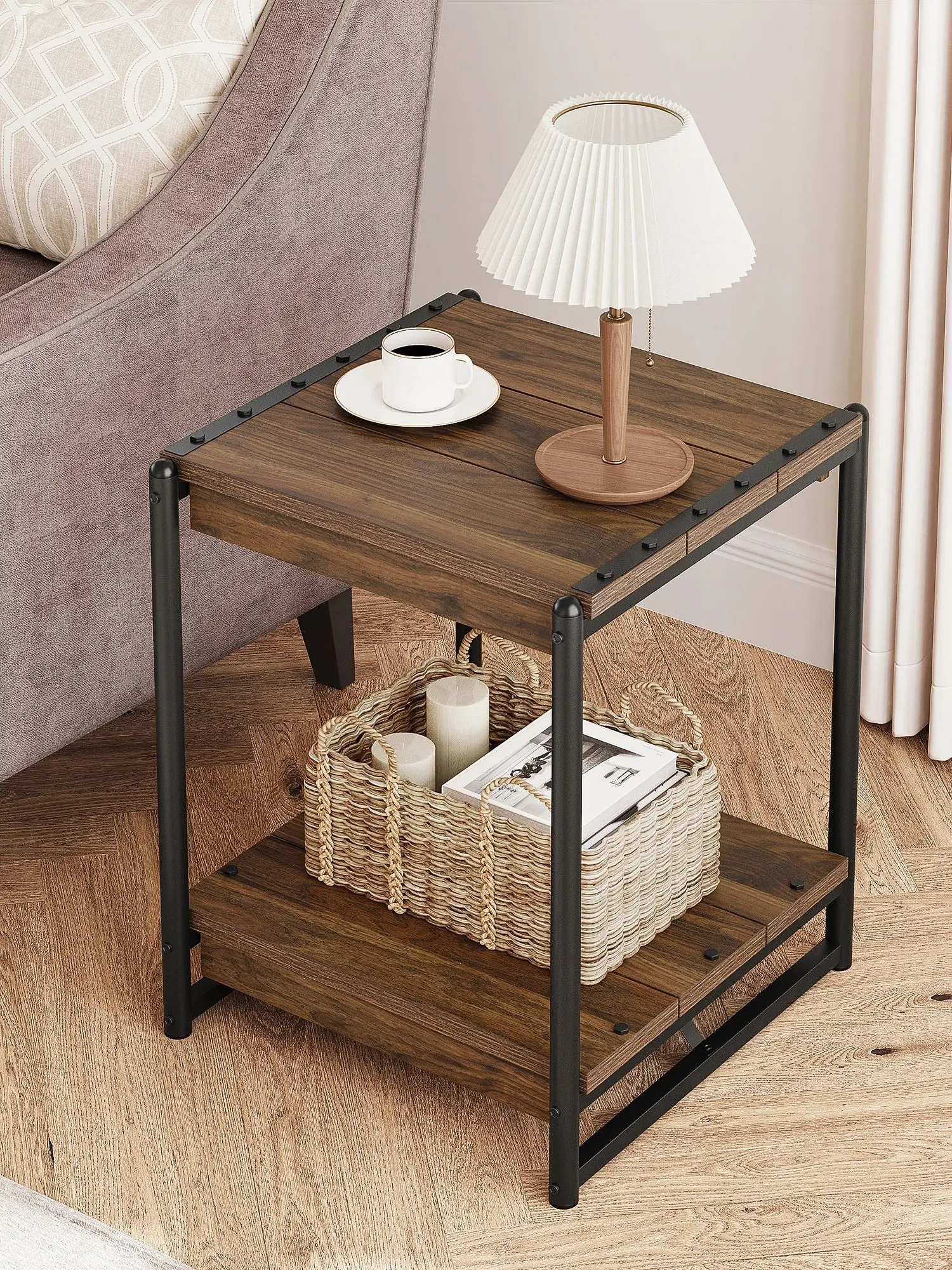 20” Square Farmhouse Wood Storage End Table with 2 Tier Shelf- Modern Metal Frame Bed Couch Sofa Side Table Nightstand