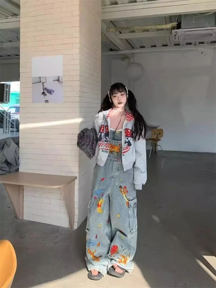 Tuta vintage da donna stile americano gamba larga tuta lunga fino al pavimento pantaloni casual in denim scozzese alla moda a vita alta elasticizzati