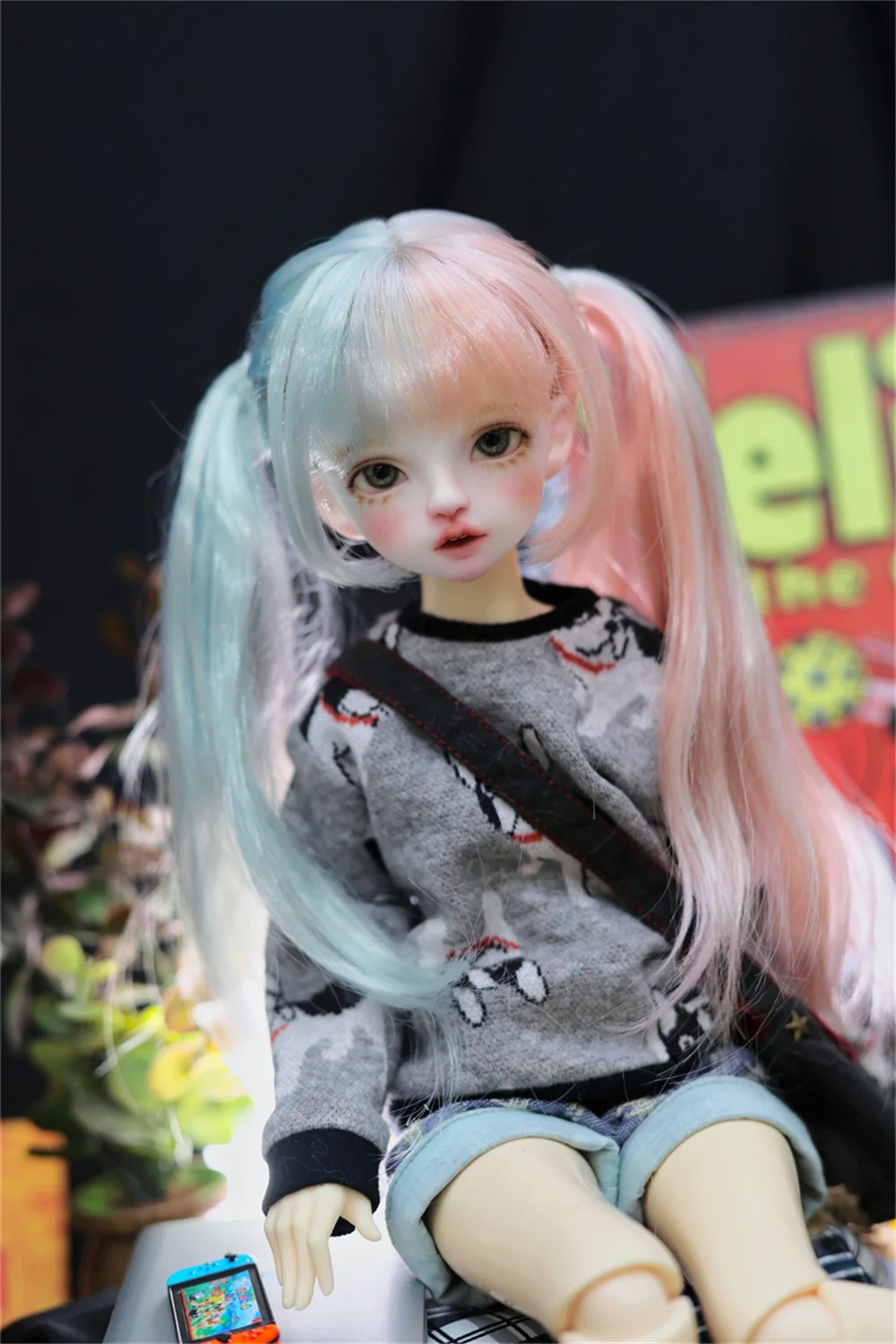 BJD wig 1/4 ,1/6 Girls Pink Green Milk Silk Double Ponytail wig BJD Doll Accessories (no dolls)