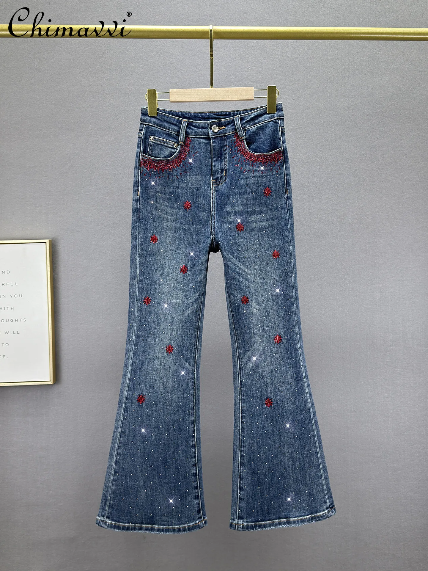 

Retro Embroidered and Rhinestone Flare Jeans for Women New Spring Summer 2026 Fashion High-waisted Slim-fit Denim Trousers