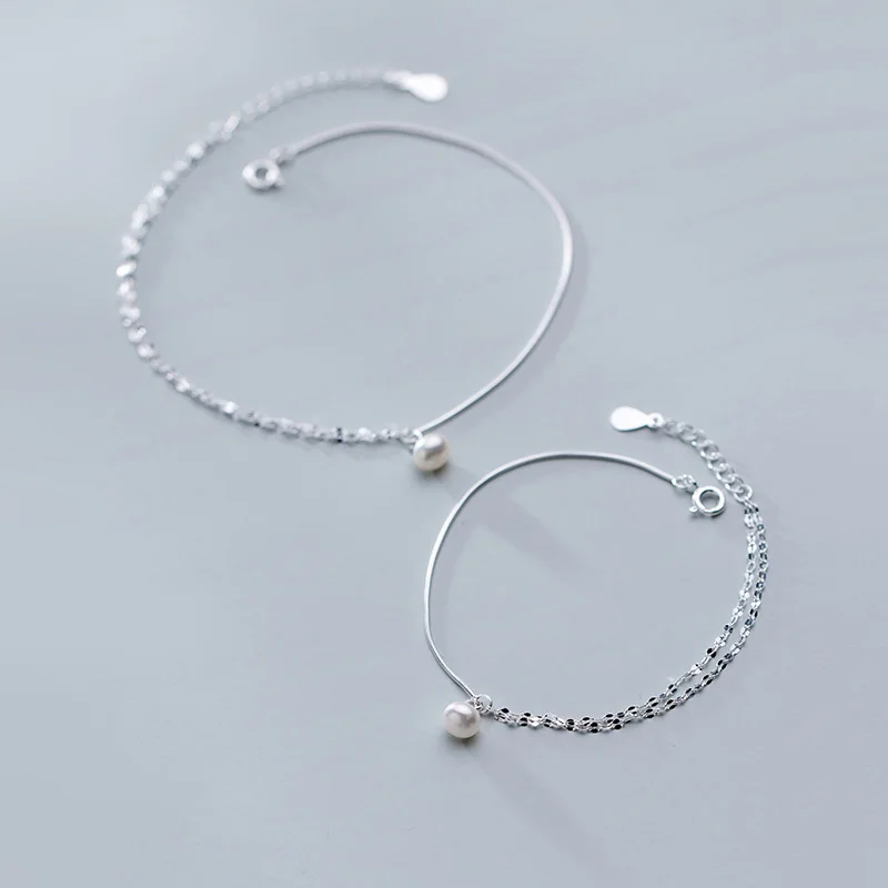 TrustDavis 925 Sterling Silver Pearl Double Layer Anklets Bracelet Bangle For Women Fashion Silver 925 Jewelry DA408