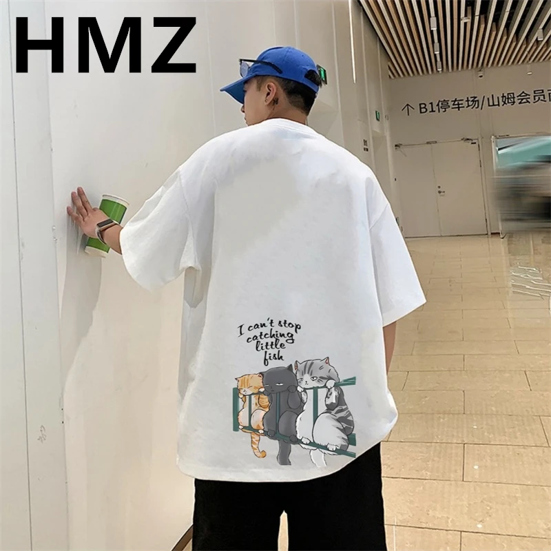 HMZ Summer Cotton T Shirt For Men 2023 Oversize Men Cotton T Shirts Men Casual T-shirt Cat Print Tshirt O-Neck Short Sleeve Man