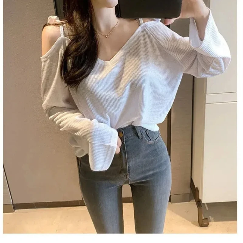 Spring New Korean Sexy Off Shoulder Loose T Shirts Long Sleeve Solid Color Lacing Thin Tops Tees Fashion Casual Women Clothing