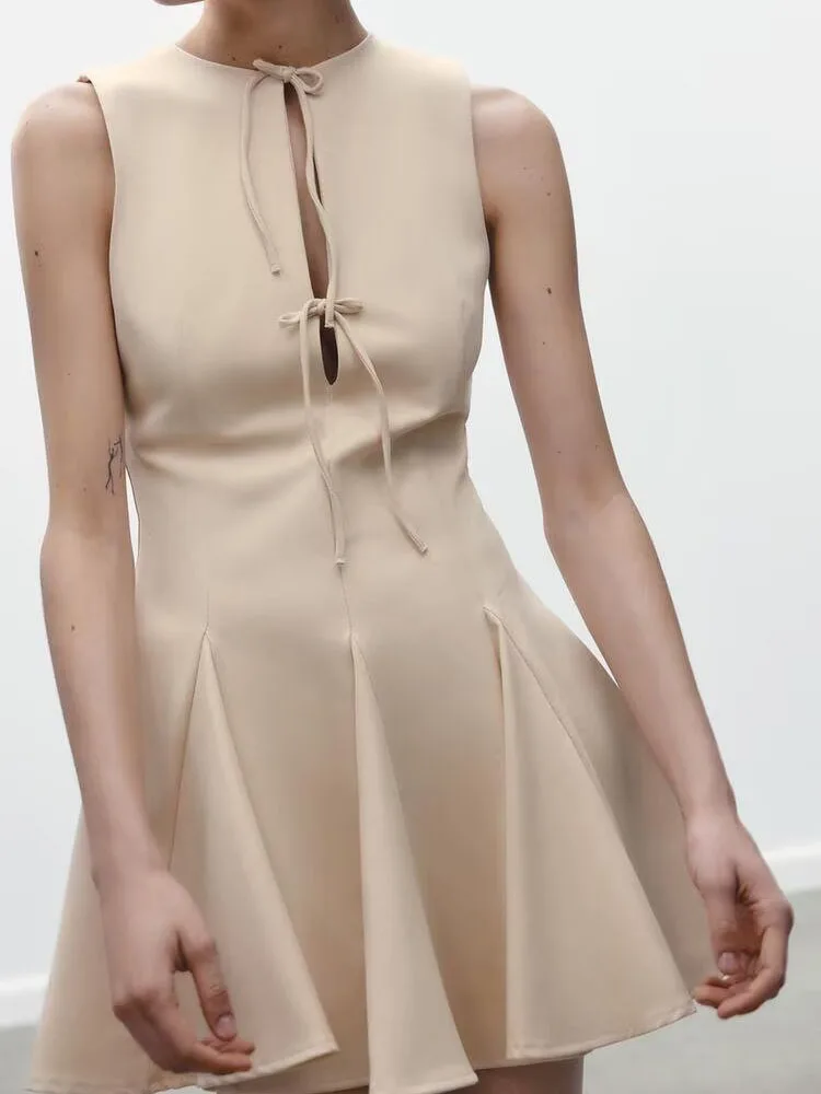 Frühling Neue Ankunft frauen runde Ne Svel Breiten Saum Knoten ort Dr Hohe Taille A-Line Weste Sle Farbe