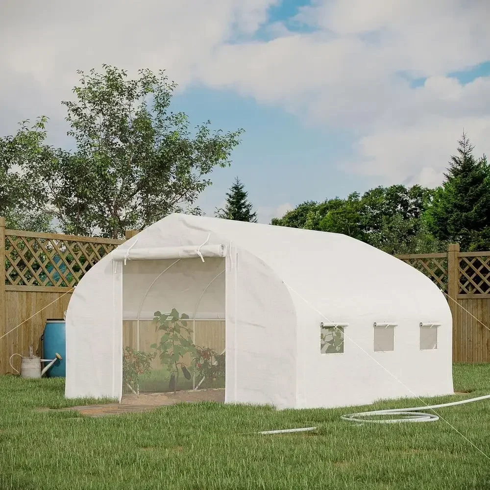 11.5x10x6.5ft Walk-in Mesh Tunnel Greenhouse with Zippered Door, 7 Windows, Roll-up Sides, Galvanized Steel Hoops, White