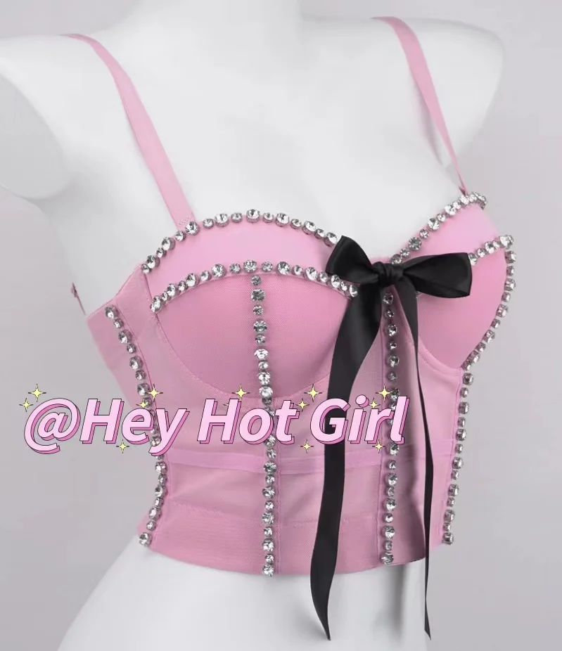 Barbie Pink Bow Studded with Diamonds Rhinestones to Shape the Body Sexy Millennial Hottie Bandeau Design Sense Niche Top Women