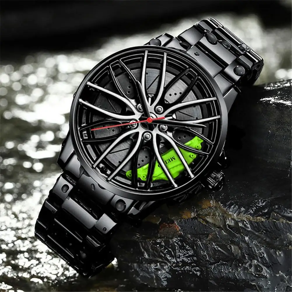 Men Quartz Watch Round Dial Pointer Display Clasp Chronograph with Car Wheel Rim- Hub Design Automatic Quartz Wristwatch Clock