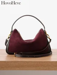 Office Ladies Elegant Suede Cowskin Genuine Leather Tote Handbag Women Spliced Design Single Shoulder Bag Vintage Messenger Bags