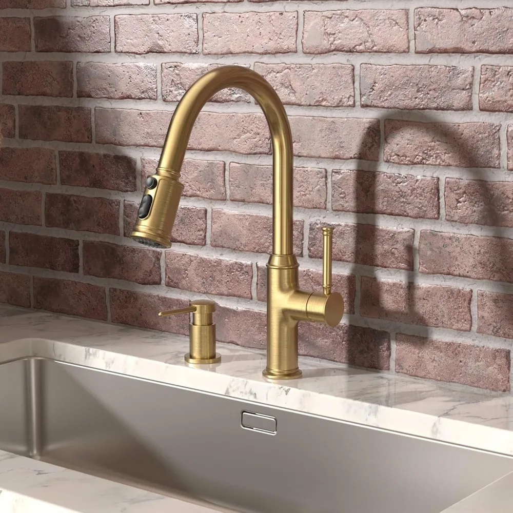 Ausziehbarer Küchenarmatur aus gebürsteter Bronze mit goldenem Spültischmischer und magnetischer Docking