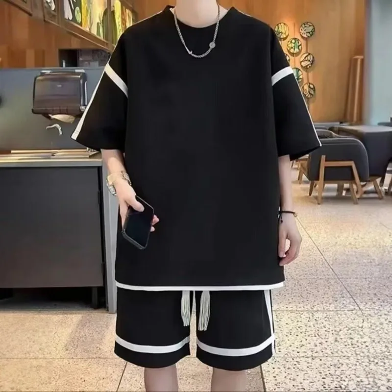 

Men's Loose Short Sleeve T-Shirts & Shorts Waffle Contrast Color Round Neck Casual T-Shirts Sets Oversized Trendy Two Piece Set