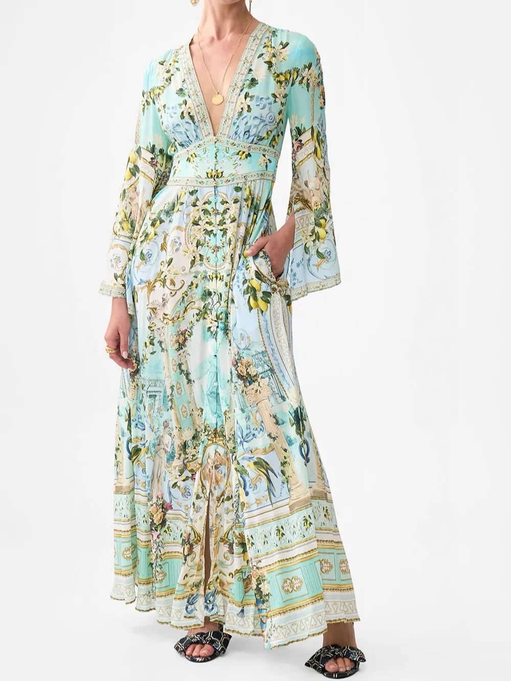 

Женское шелковое платье макси с цветочным принтом, однобортное вечернее женское платье с v-образным вырезом и расклешенными рукавами, высокой талией