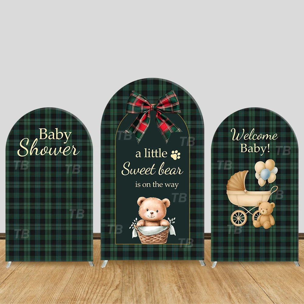 

A Little Sweet Bear Plaid Arch Backdrop Cover Warm Scene For Baby Shower Party Cute Teddy Bear Theme Photo Booth Decor Prop