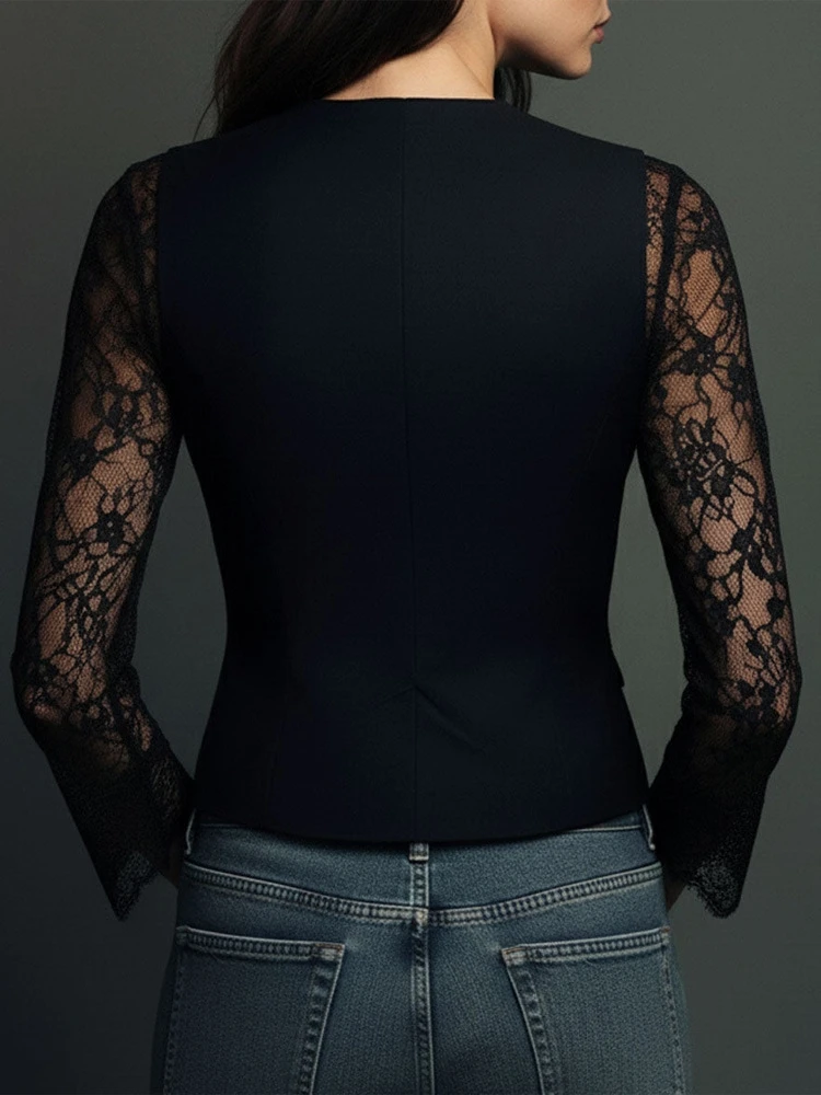 Elegant Sexy V Neck Lace Patchwork Women's Shirt Top See Through Long Sleeve Trendy Hollow out Single Button Slim Tops Blazer