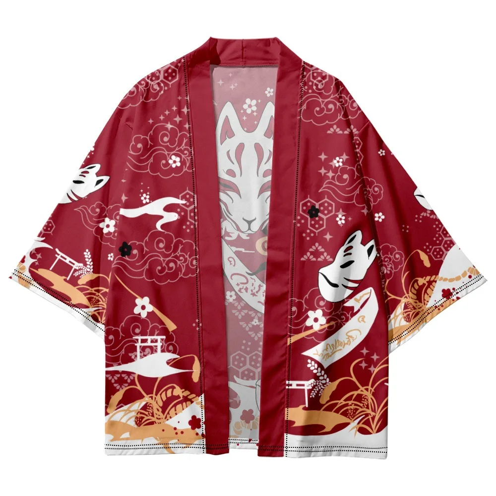 Japanese Inari God Fox Print Black and Red Kimono Cardigan Cosplay Shirt Blouse for Women Men Yukata Beach Haori Traditional Top