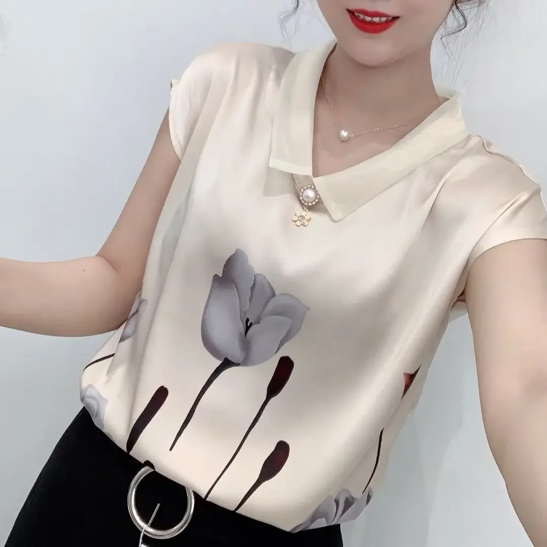 

Women Summer Simplicity Loose Elegant Printing Chiffon Collar Short Sleeve Shirts Ladies Casual All-match Trend Tops