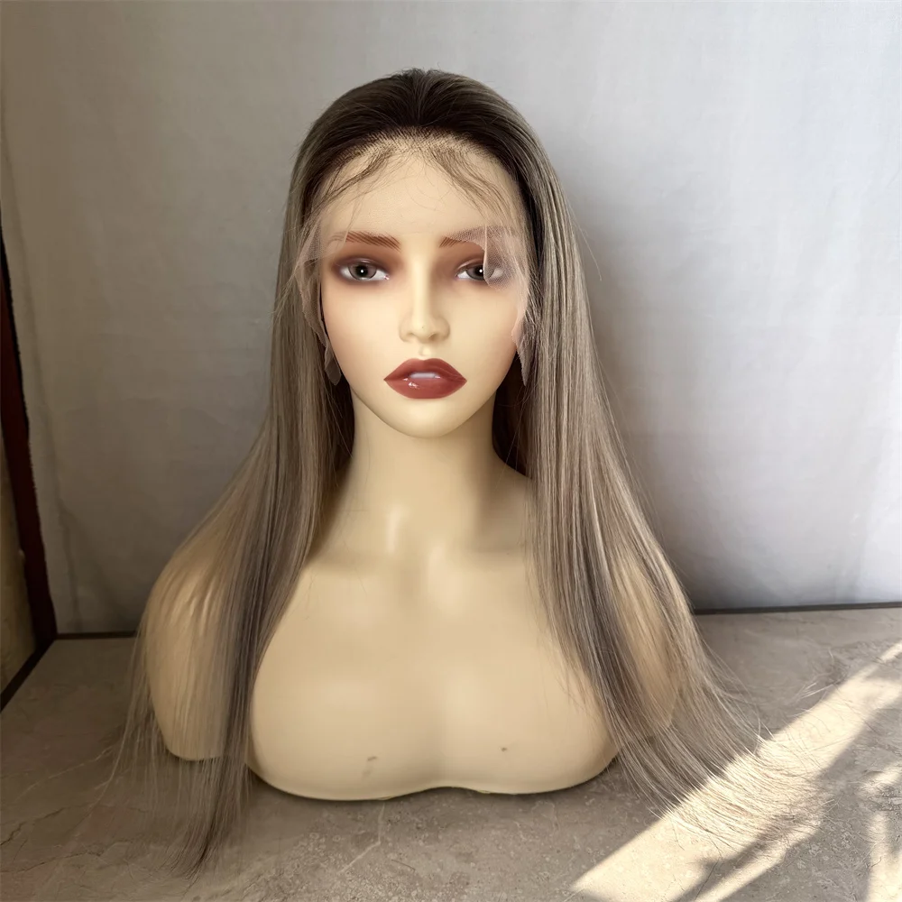 

Ash Blonde Straight Human Hair Wig 13x4 Lace Frontal with Dark Roots Gray Highlights HD Lace Front Wig for Women