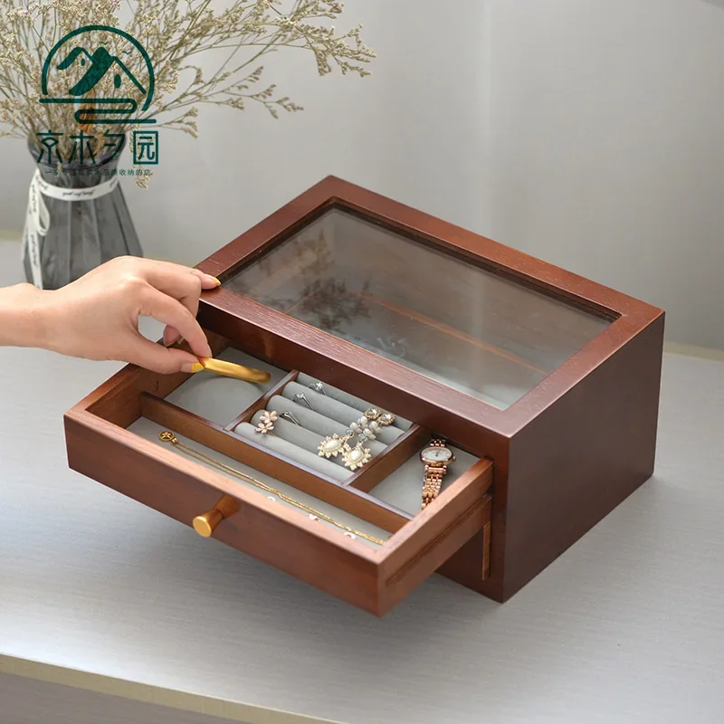 

Wood Jewelry Box Transparent Drawer Ring Necklace Bracelet Jewelry Boxes Organizer Tray Display Earrings Accessories Storage