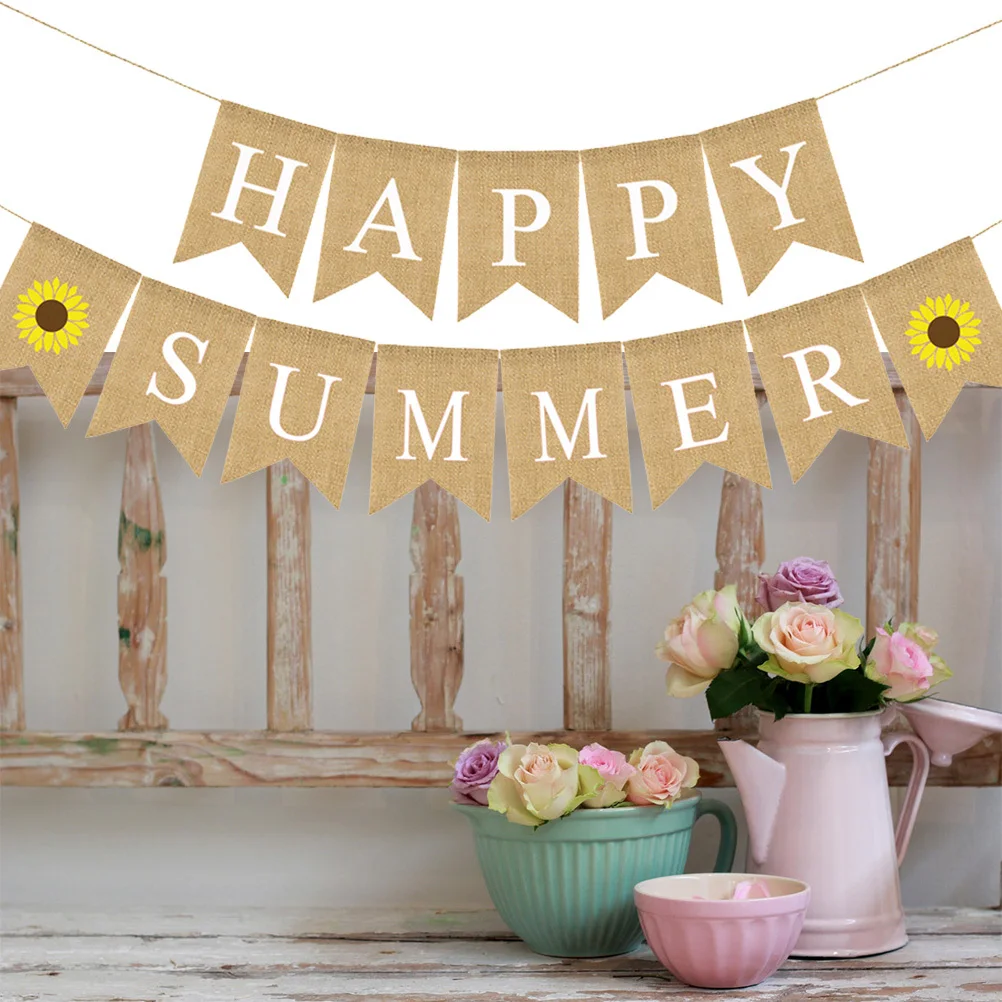 

Happy Summer Hawaii Party Bunting Banner Linen Dovetail Shape Colorful Letters Party Decorations Burlap Garlands For