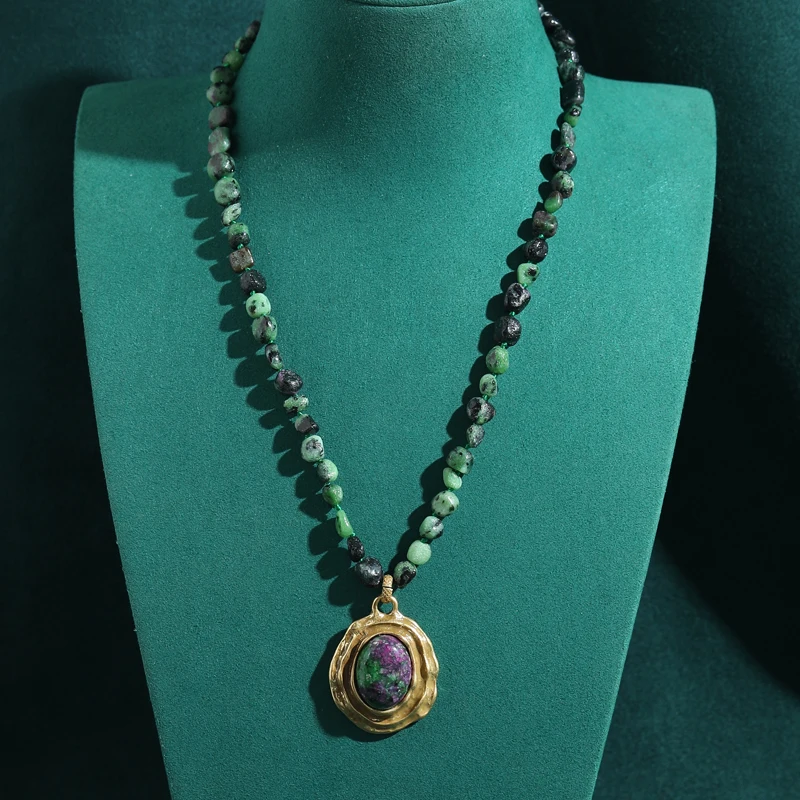 

Vintage Moss Natural Stone Round Beads Necklace Pendant Green Texture Rhinestone Designer New Jewelry Woman Luxury High Quality