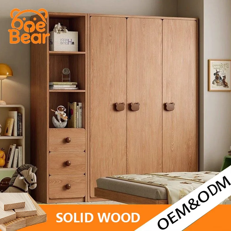 Simple Solid Wood Kids Wardrobe, Side Open Shelves & Drawers, Multi Door Closet Furniture for Bedroom Clothes Storage