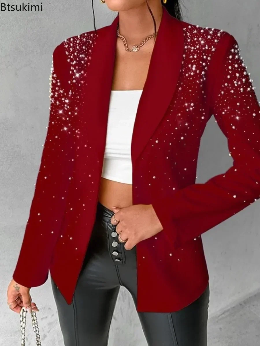 2024Women\'s Blazer Autumn Fashion Beaded Elegant Temperament Shawl Collar Plain Long Sleeve Work Blazer Coat Office Lady Blazers