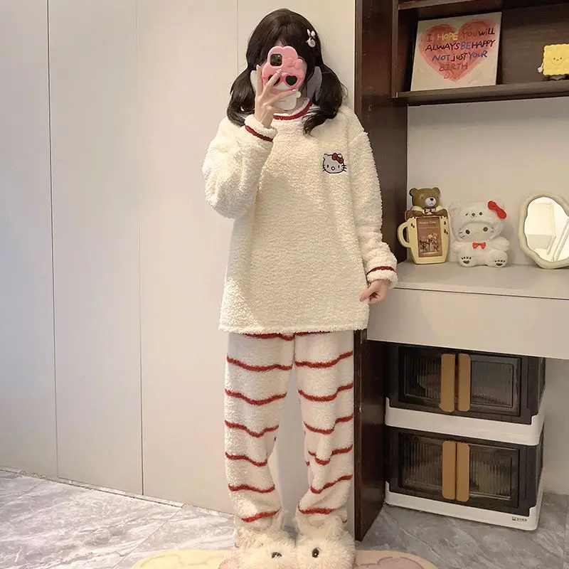 لطيف عارضة مريحة الكرتون HelloKitty نصف المخملية منامة للفتيات الخريف والشتاء سميكة المرجان المخملية الدافئة ملابس المنزل مجموعة #6
