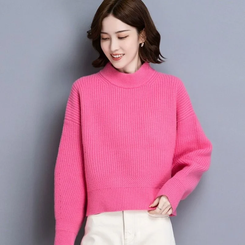 2023 Autumn/Winter New Half High Neck Thickened Solid Knit Underlay Shirt with Ladies Bat Sleeves Simple Sweater for Women