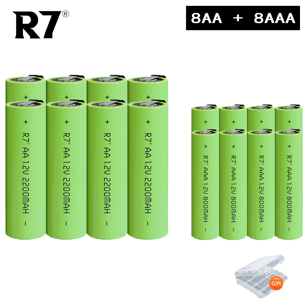 

R7 1.2V Ni-MH AA2200mAh + AAA800mAh Rechargeable Battery Cell Green Shell with Welding Tabs for Toothbrush Electric Shaver