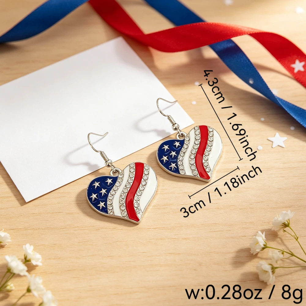 American Flag Heart-Shaped Oil-Drip Dangle Earrings, Red, White, and Blue Star-Striped Diamond-Studded Heart-Shaped Earrings, Independence Day Festive Atmosphere Accessories