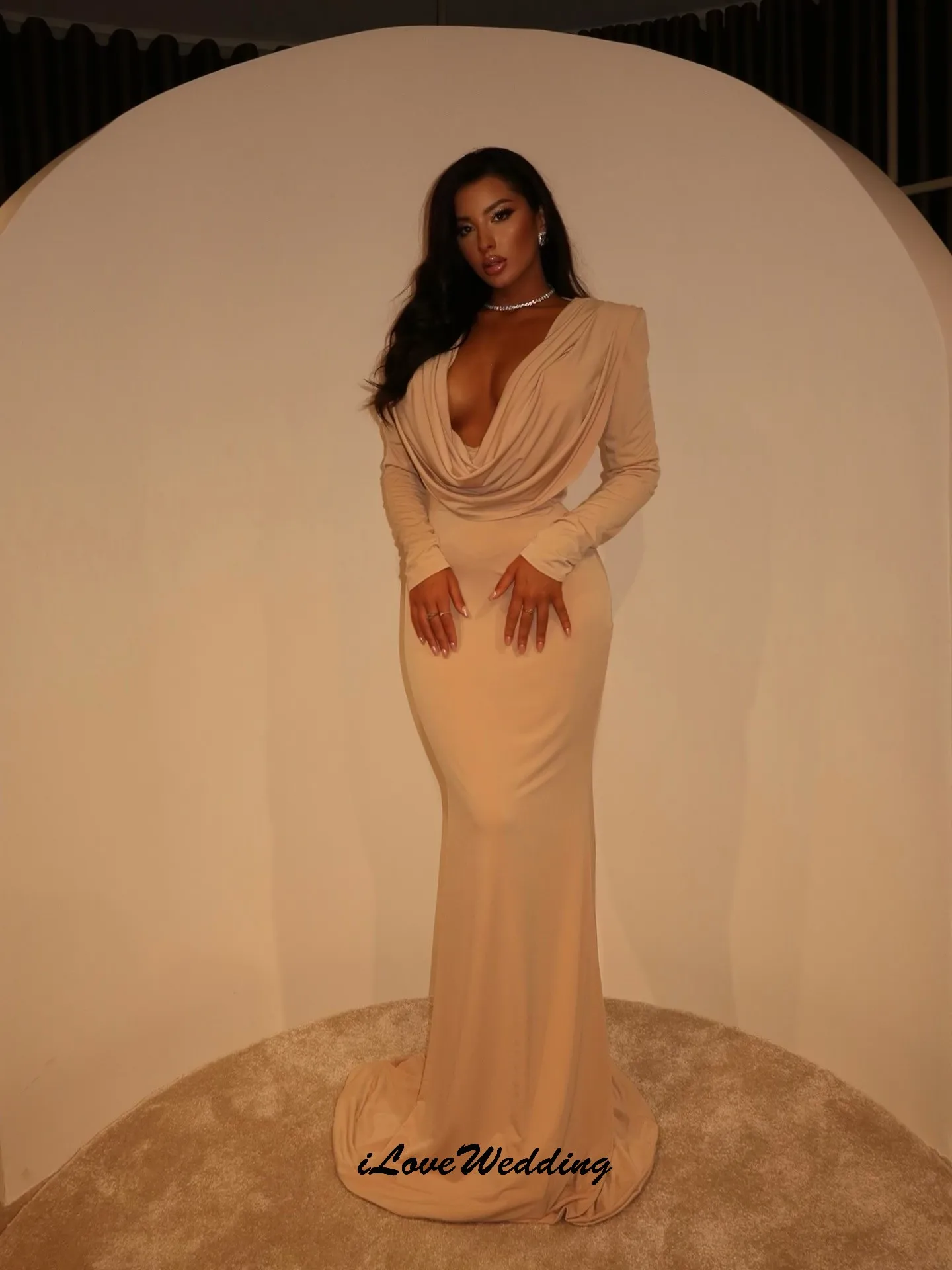 

Customized V-Neck Sexy Long Evening Dresses 2025 Long Sleeve Women Party Dress Formal Pleated Mermaid Prom Dresses Sweep Train