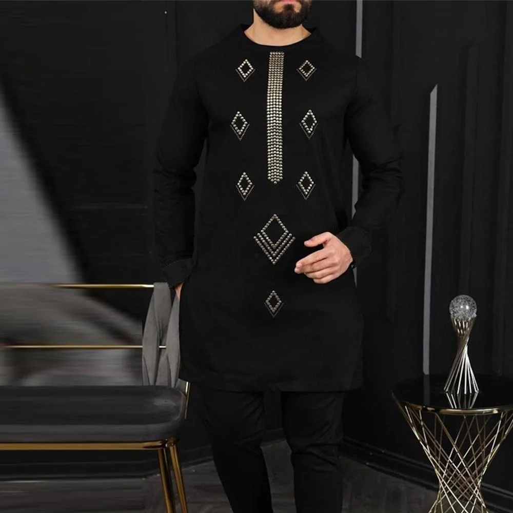 2024 Dashiki New Full Set Suit Traditional Men\'s Set Leisure Art Elegant Round Neck Long Sleeve Two piece Set Kaftan Style